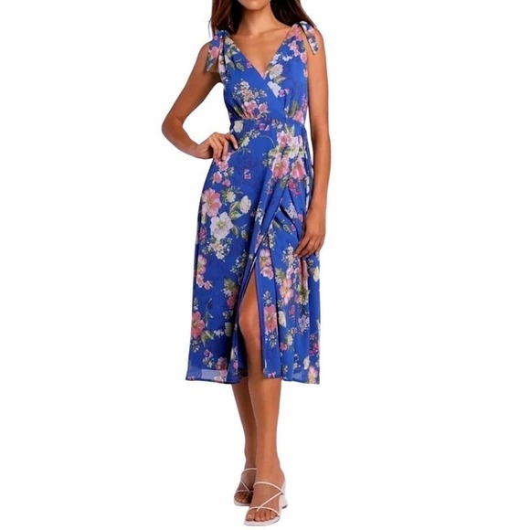 Lulus Dresses & Skirts - NWT Lulus Sensational Season Blue Floral Tie-Strap Wrap Midi Dress S Sundress